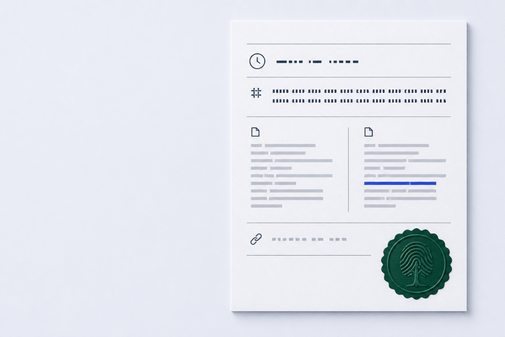 Evidence sheet with capture timestamp, content hash, side-by-side freeze comparison, source link, and TrackRecord seal